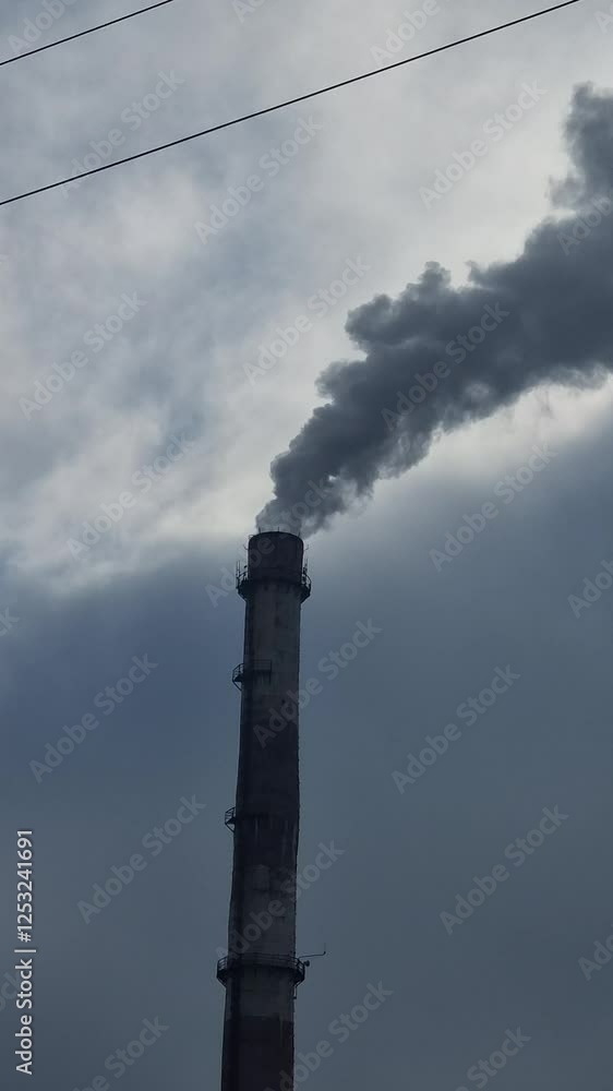 Smoke comes out in horrific clouds from old chimney of factory plant, polluting environment. Toxic production company. Industrial enterprise. heat electric station Smoke comes out in horrific clouds from old chimney of factory plant, polluting environment. Toxic production company. Industrial enterprise. heat electric station