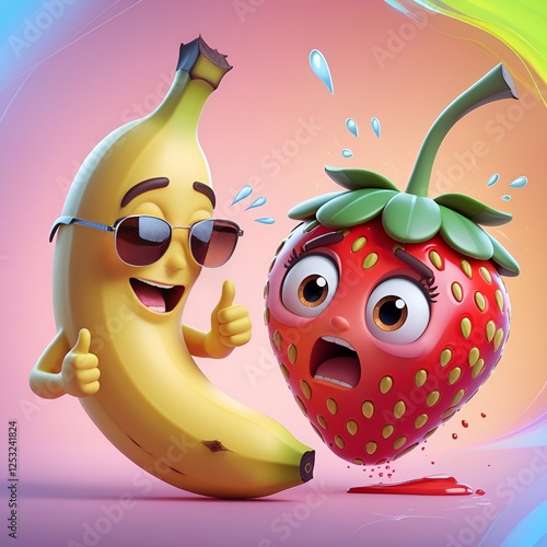 The animation features a cartoo Oon-style anthropomorphic banana and strawberry with expressive faces and emotions. The banana is confident, while the strawberry is surprised and shocked. The animatio photo