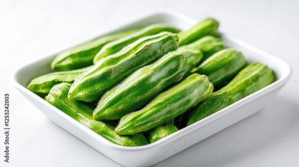 Fresh green okra in white bowl, healthy food Fresh green okra in white bowl, healthy food