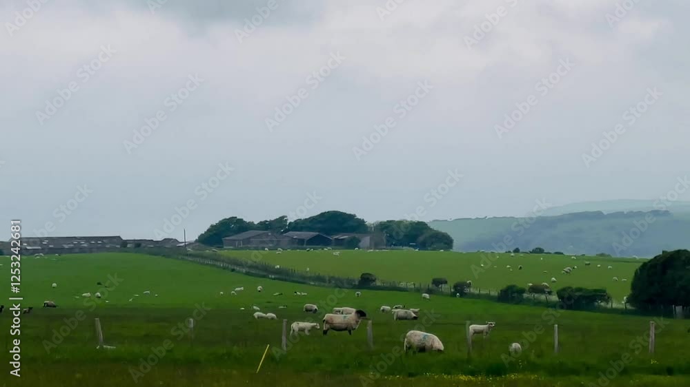 Sheep graze peacefully in the lush green fields of Eastbourne, East Sussex, United Kingdom, with rolling hills and a tranquil countryside backdrop under an overcast sky
