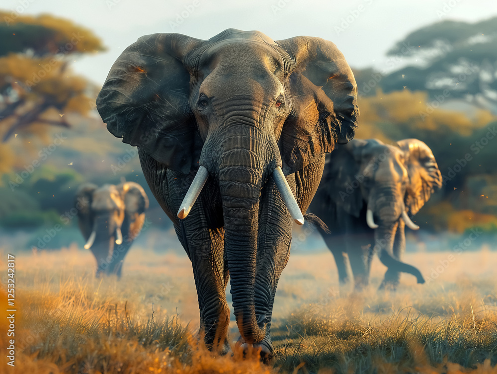 Fototapeta premium Majestic elephants walk gracefully through golden savanna landscape, showcasing their strength and beauty in serene environment