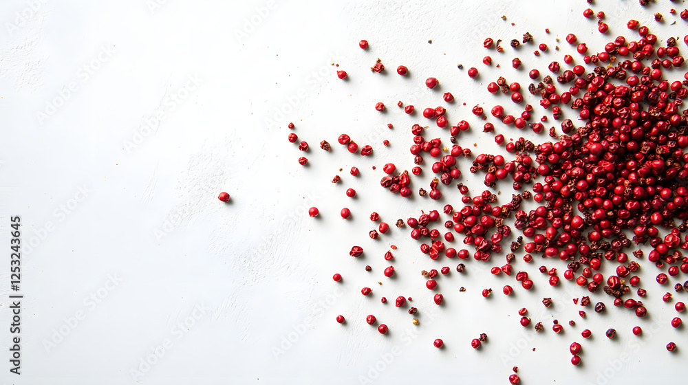 A few Szechuan peppercorns scattered on a smooth white surface, with their vivid red hue and fine details visible. A few Szechuan peppercorns scattered on a smooth white surface, with their vivid red hue and fine details visible.