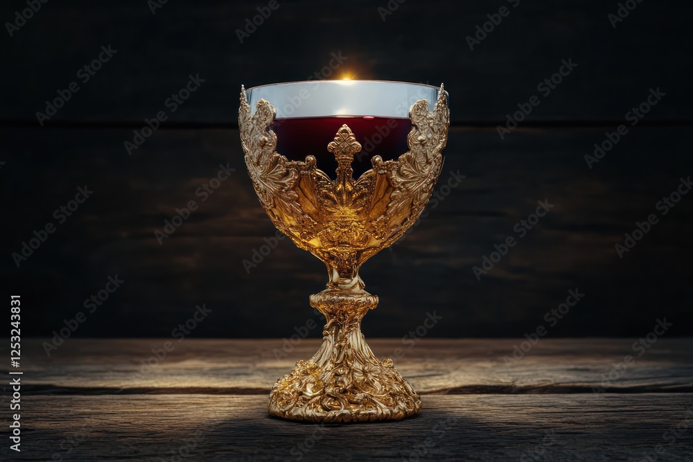 A beautifully crafted holy chalice filled with red wine sits on a rustic wooden table, embodying spiritual unity and faith during Maundy Thursday and Good Friday A beautifully crafted holy chalice filled with red wine sits on a rustic wooden table, embodying spiritual unity and faith during Maundy Thursday and Good Friday