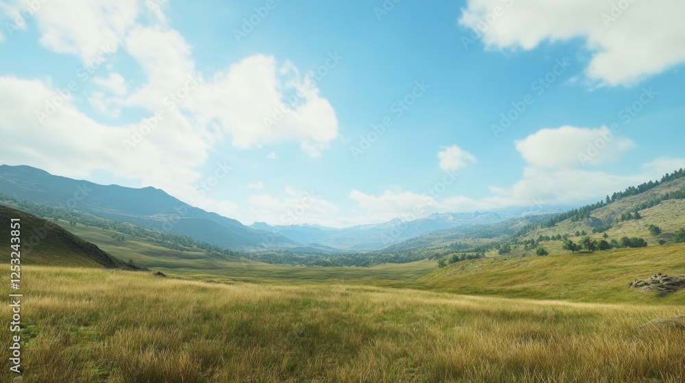 Expansive Mountain Valley Landscape with Rolling Hills and Blue Sky Scenery Expansive Mountain Valley Landscape with Rolling Hills and Blue Sky Scenery