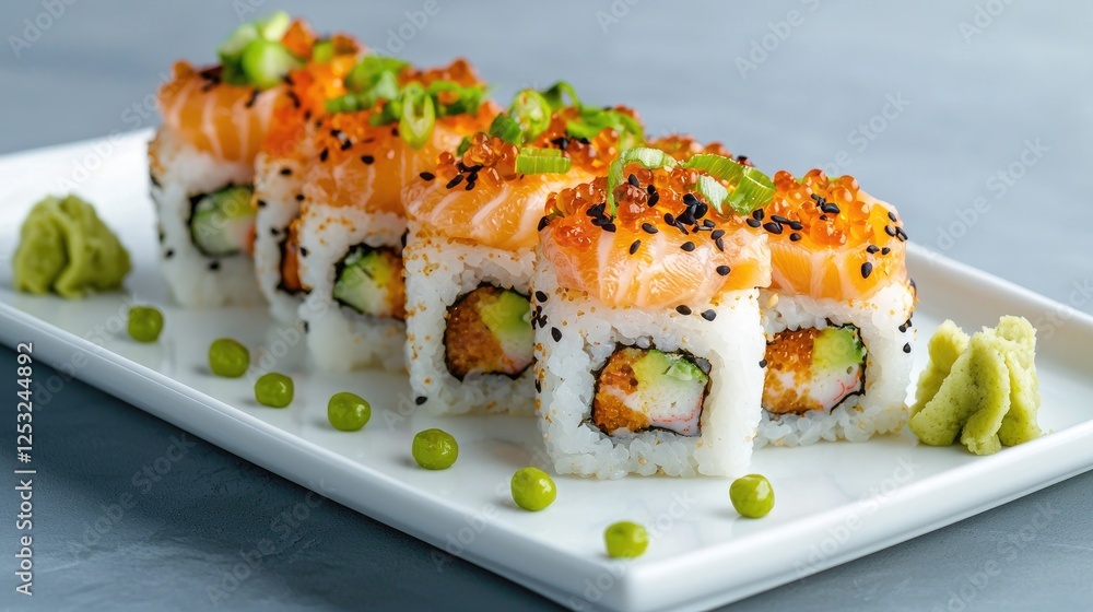 Delicious salmon sushi rolls, garnished with tobiko and scallions, served on a white rectangular plate Delicious salmon sushi rolls, garnished with tobiko and scallions, served on a white rectangular plate