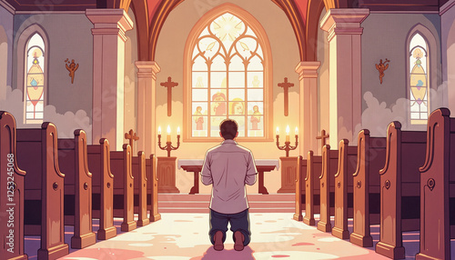 Devout person kneeling in prayer inside a peaceful chapel, spirituality
