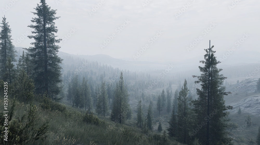Misty mountains landscape featuring a dense forest of pine trees on a foggy morning Misty mountains landscape featuring a dense forest of pine trees on a foggy morning