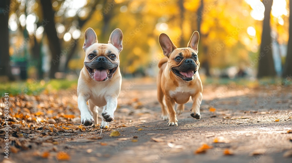 Two Happy Dogs Walking Together Through a Colorful Autumn Park Two Happy Dogs Walking Together Through a Colorful Autumn Park