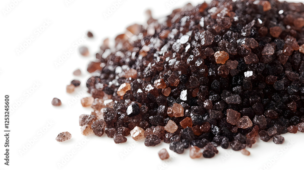 A fine layer of black Himalayan salt on a white background, the dark crystals reflecting light and creating a stunning visual effect.