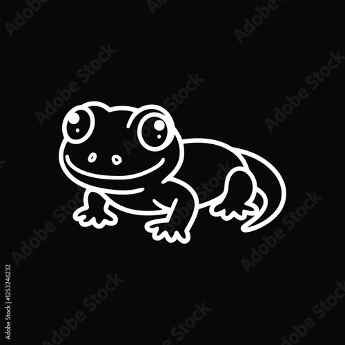 A cute, minimalist black and white line art illustration of a gecko or salamander. The reptile has large, round eyes