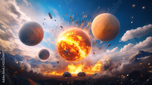 dramatic scene of planets colliding in fiery explosion, showcasing vibrant colors and dynamic movement in sky. cosmic event evokes sense of awe and wonder