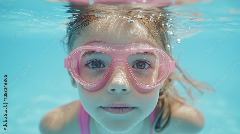 Naklejka premium Girl underwater wearing pink goggles, hair flowing. Perfect for summer, kids, swimming, and fun themes.