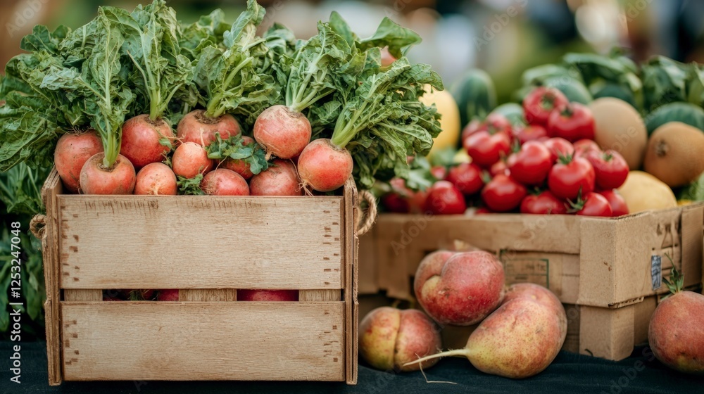 Fresh Vegetables and Fruits in Wooden Crates at a Farmers Market Fresh Vegetables and Fruits in Wooden Crates at a Farmers Market