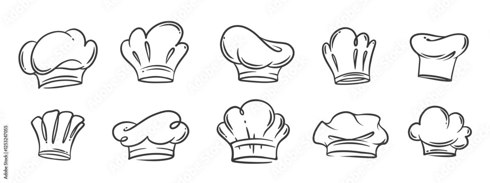 Chef hats contour icons set. Funny retro kitcheners caps of various shapes. Restaurant uniform, chef profession mascot, hand drawn toque of cookers and bakers icons collection vector illustration Chef hats contour icons set. Funny retro kitcheners caps of various shapes. Restaurant uniform, chef profession mascot, hand drawn toque of cookers and bakers icons collection vector illustration