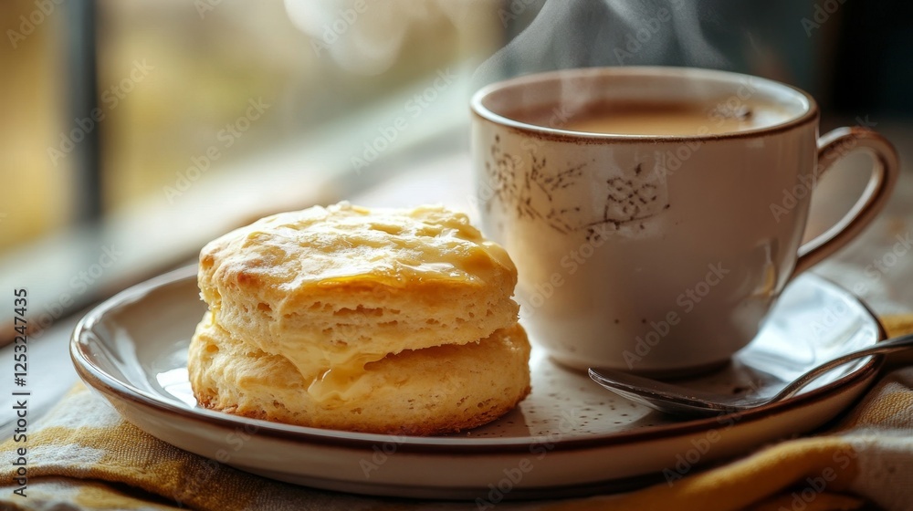 Golden Butter Biscuit Placed Next to Steaming Cup of Tea Golden Butter Biscuit Placed Next to Steaming Cup of Tea