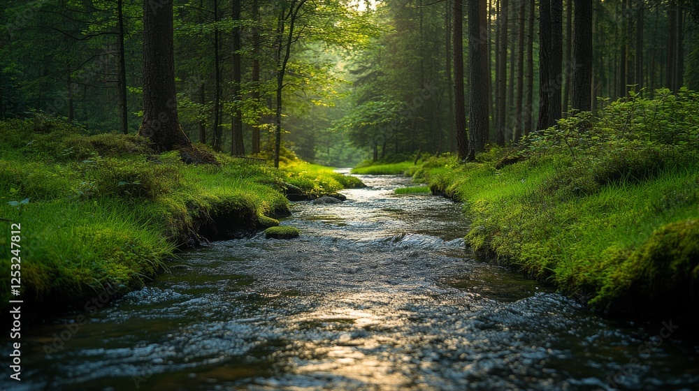 Fototapeta premium Sun-Kissed Serenity, A Glimpse into a Verdant Forest Stream's Tranquil Embrace