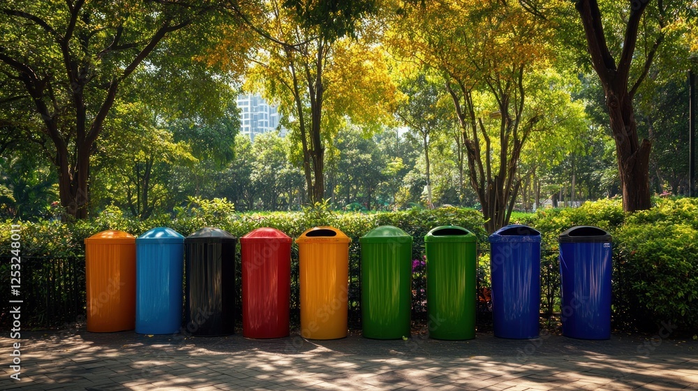 Colorful Recycling Bins in a Lush Green Park Colorful Recycling Bins in a Lush Green Park