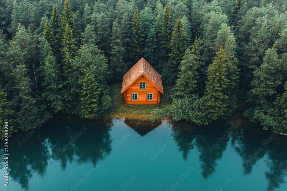 Obraz premium Wooden Cabin Nestled in Forest Beside a Lake