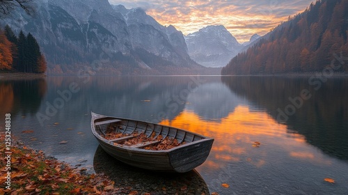 Autumn Lakeside Scene With Wooden Boat And Mountain Reflection
