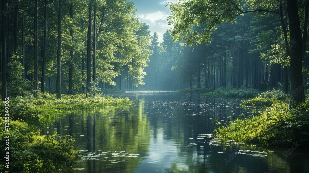 Fototapeta premium Tranquil waters reflect the verdant embrace of a dense forest canopy under a soft, diffused light