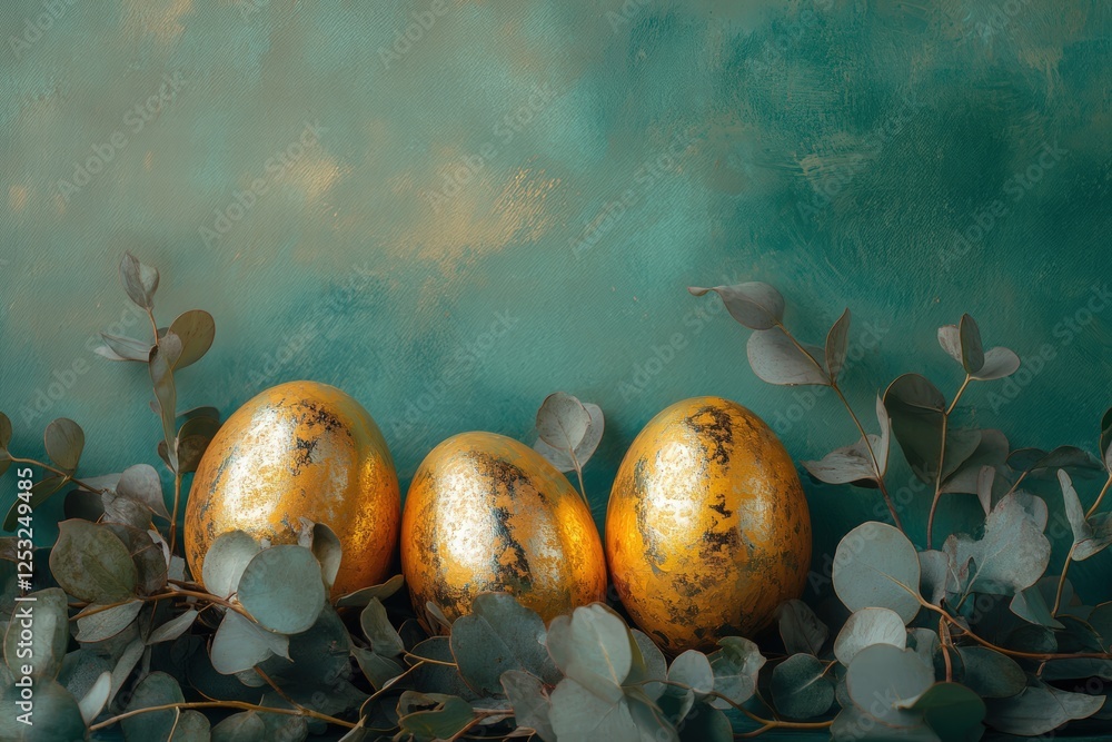 golden Easter eggs surrounded by lush eucalyptus branches