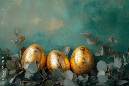 Obraz na płótnie golden Easter eggs surrounded by lush eucalyptus branches w salonie