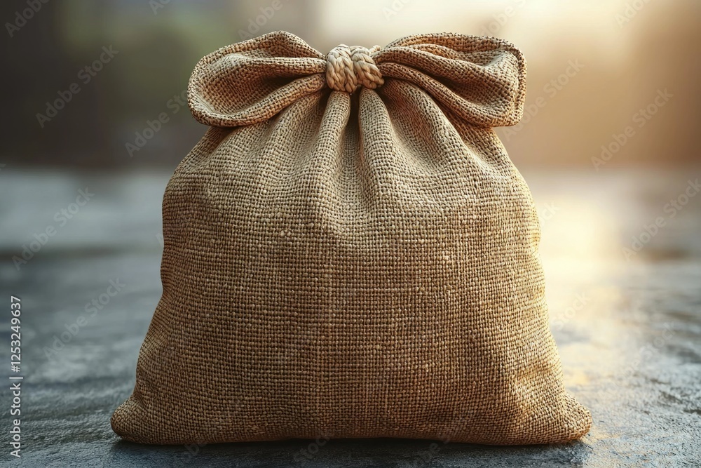 Burlap sack tied with bow on dark surface, sunlight background, for finance or trade concepts Burlap sack tied with bow on dark surface, sunlight background, for finance or trade concepts