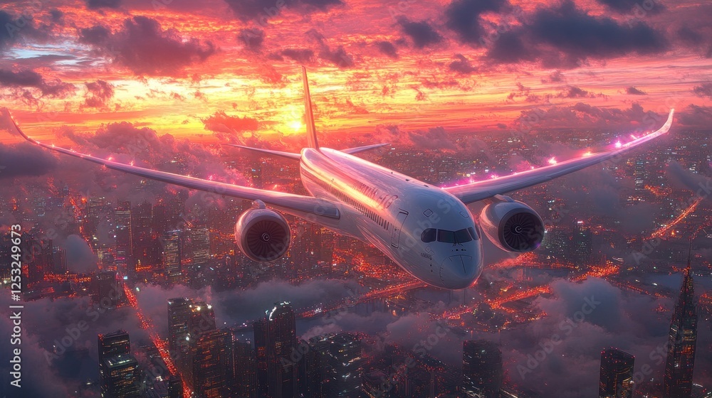 Fototapeta premium Airplane Soaring Above Cityscape at Sunset