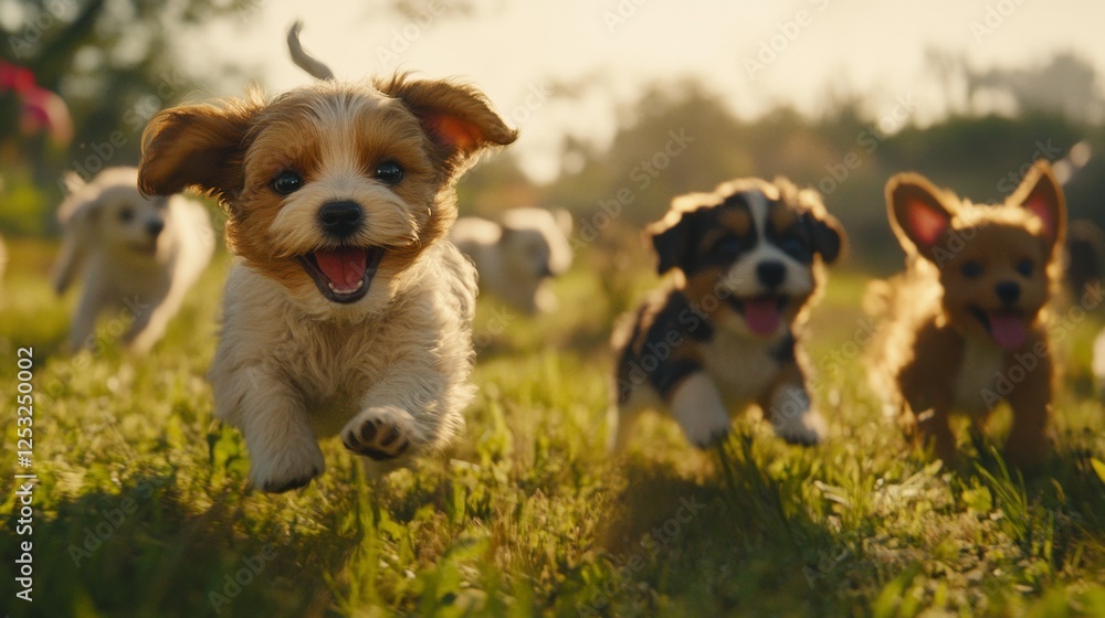 Playful Group of Puppies Wagging Their Tails in Sunny Grass Playful Group of Puppies Wagging Their Tails in Sunny Grass