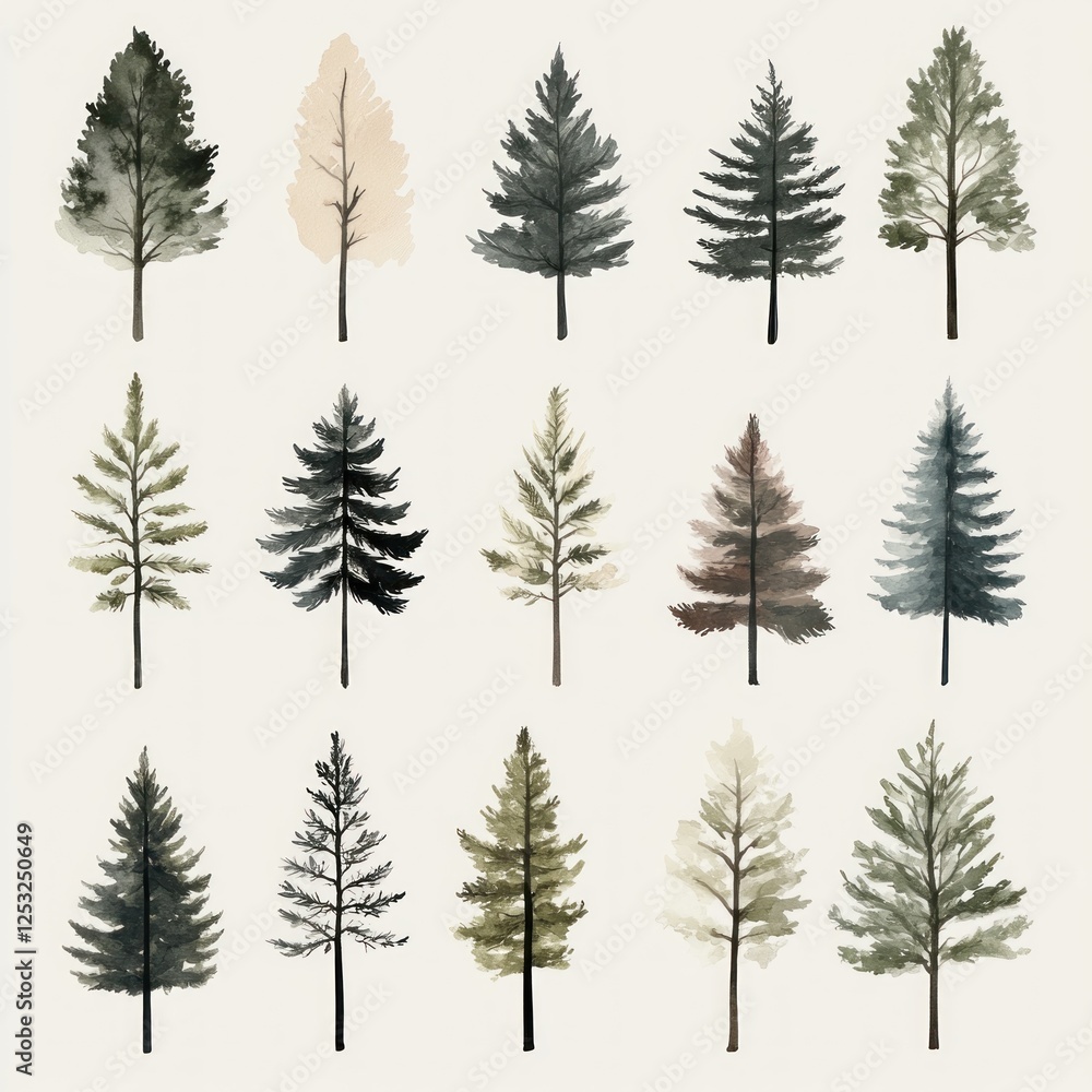 Obraz premium Watercolor Evergreen Trees Collection, Nature Design Elements