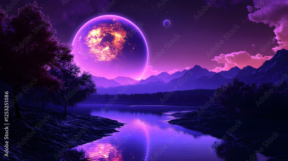 Fototapeta premium A synthwave landscape with purple mountains and palm trees 