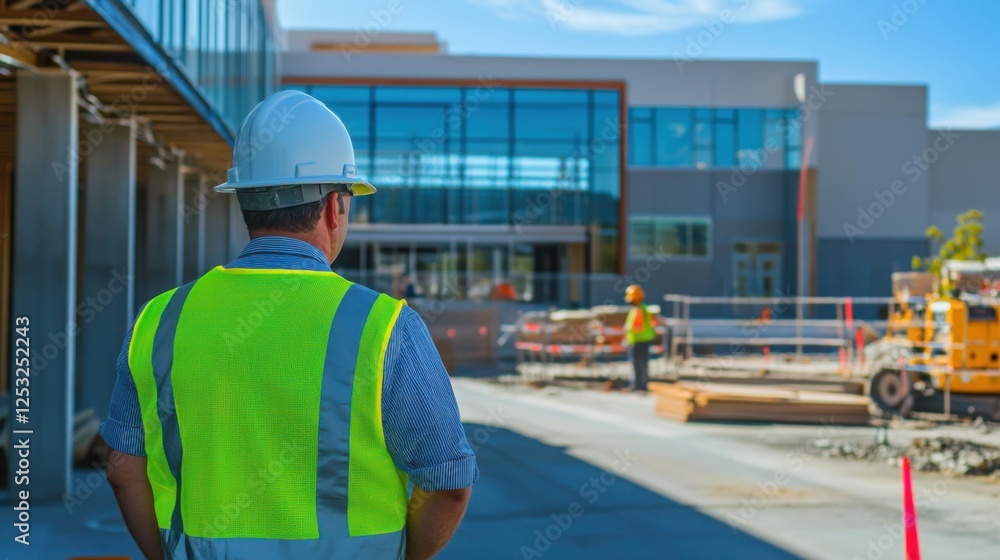 A focused shot of a construction manager overseeing safety protocols and project timelines on a complex university campus construction site, University campus construction scene A focused shot of a construction manager overseeing safety protocols and project timelines on a complex university campus construction site, University campus construction scene