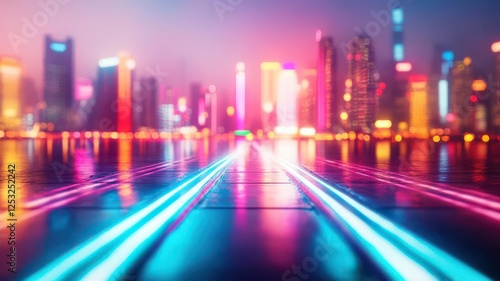 A futuristic city adapting to new global trade policies, glowing skyline, cyberpunk aesthetic