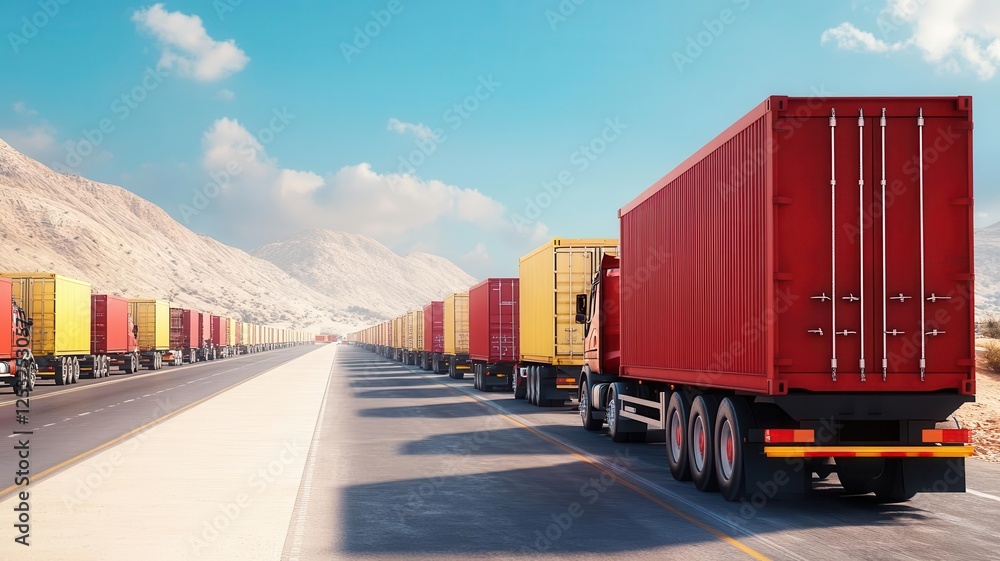 Border checkpoint with long lines of freight trucks, emphasizing import delays, realistic and detailed Border checkpoint with long lines of freight trucks, emphasizing import delays, realistic and detailed