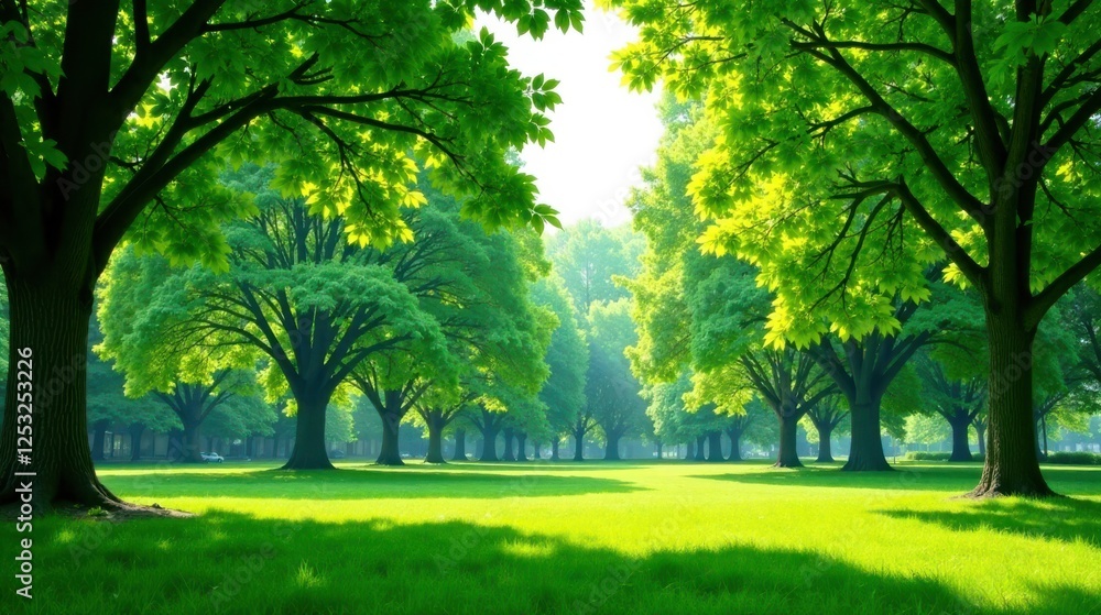 Fototapeta premium Serene Summer Meadow Lush Green Canopy of Majestic Trees under Bright Sunlight Casting Shadows on Vibrant Grass
