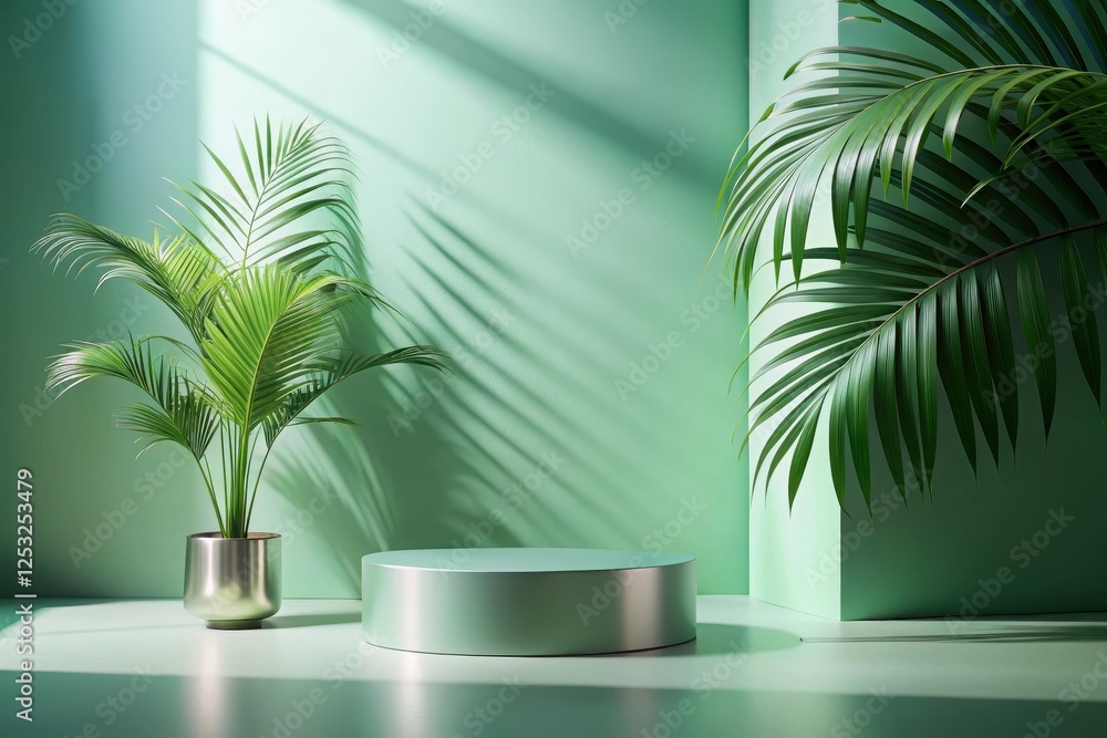 Obraz premium Serene Minimalist Scene with Pale Green Cylinder Display Stand and Lush Tropical Foliage in Soft Sunlight