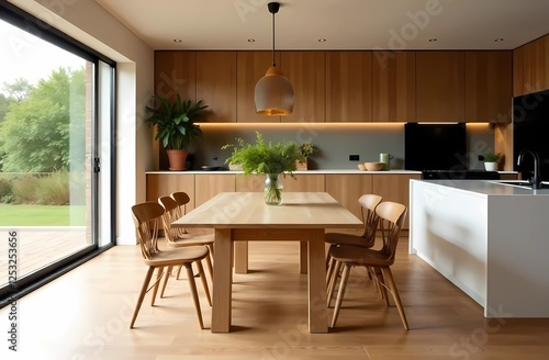 Wallpaper Mural Wood Kitchen Furniture surrounded by eco-friendly materials and products, plants, minimalist design, eco-friendly approach to kitchen furnishings Torontodigital.ca