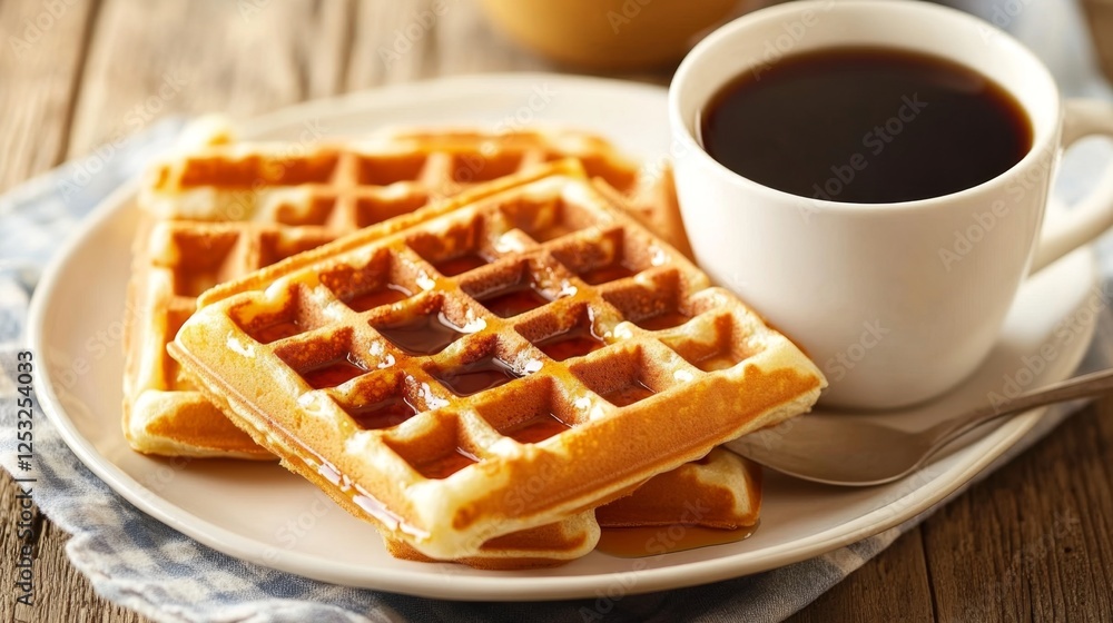Homemade Thick Waffles Drizzled with Maple Syrup on a Plate Homemade Thick Waffles Drizzled with Maple Syrup on a Plate
