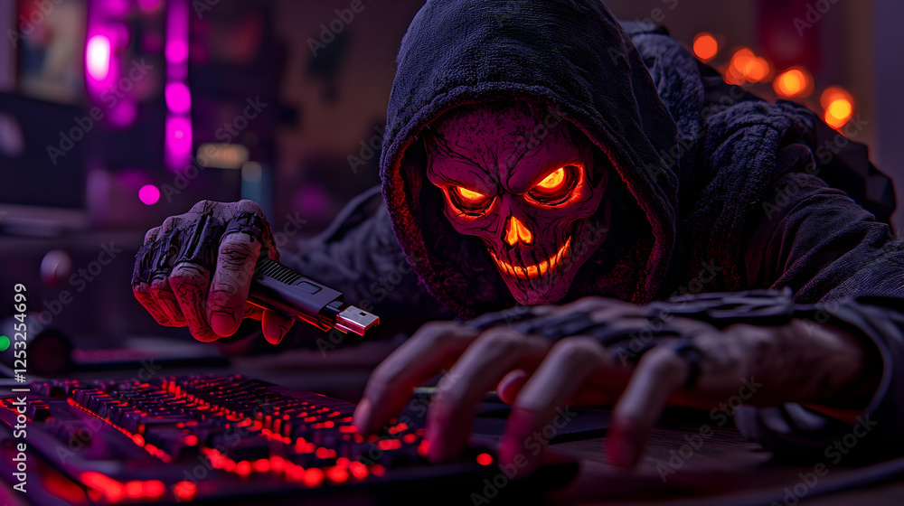 Skull-masked gamer using PC at night Skull-masked gamer using PC at night