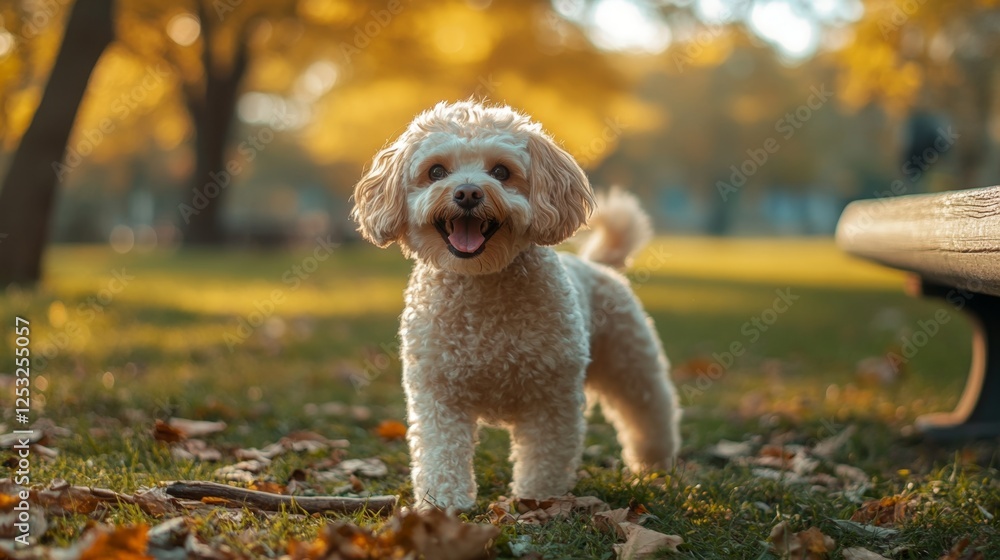 Playful Fluffy Dog Wagging Tail in Autumn Park Joyful Atmosphere Playful Fluffy Dog Wagging Tail in Autumn Park Joyful Atmosphere