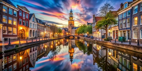 Surreal Gouda Canal: Dreamlike Sint Janskerk Tower Reflection photo