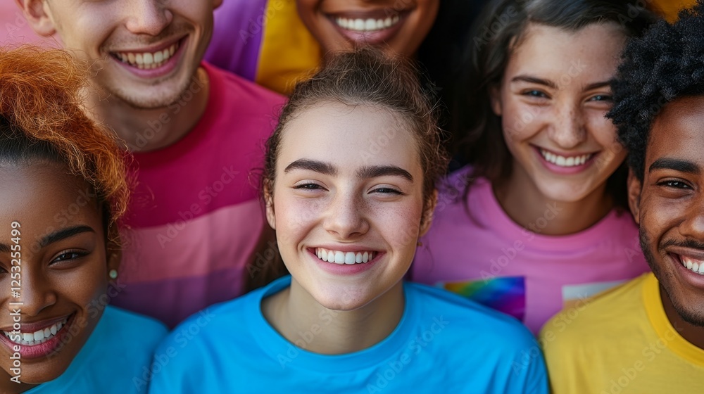 Diverse Group of Individuals Smiling in Colorful Shirts Together Diverse Group of Individuals Smiling in Colorful Shirts Together