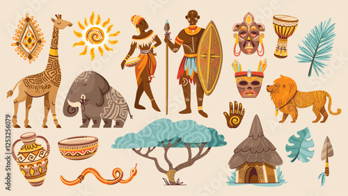 African cartoon culture elements, tribal people and nature set. Funny elephant and lion, baobab and mud hut with geometric pattern of tribe. African mascots, cartoon collection vector illustration