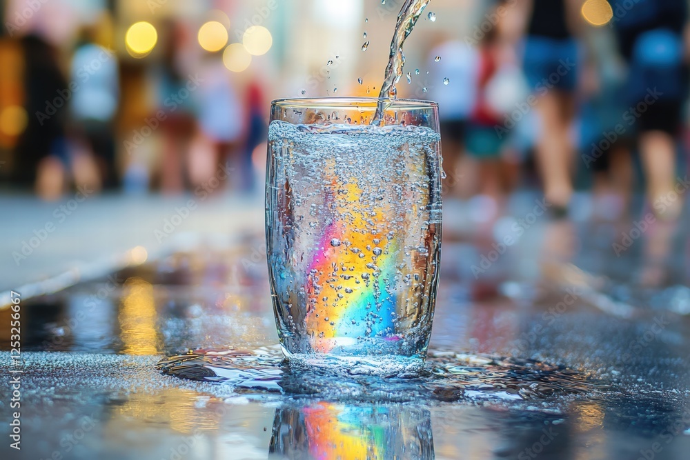 glass of ice-cold water being poured over a scorching hot sidewalk on a summer sidewalk