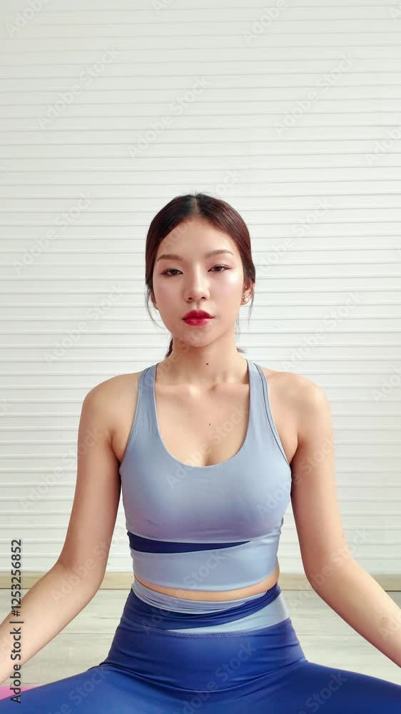 Zoom in A serene Asian woman practices yoga open her eyes in a calm indoor space, embodying relaxation and mindfulness on her yoga mat. Indoor working out at home concept. Slow motion 4k video. Zoom in A serene Asian woman practices yoga open her eyes in a calm indoor space, embodying relaxation and mindfulness on her yoga mat. Indoor working out at home concept. Slow motion 4k video.