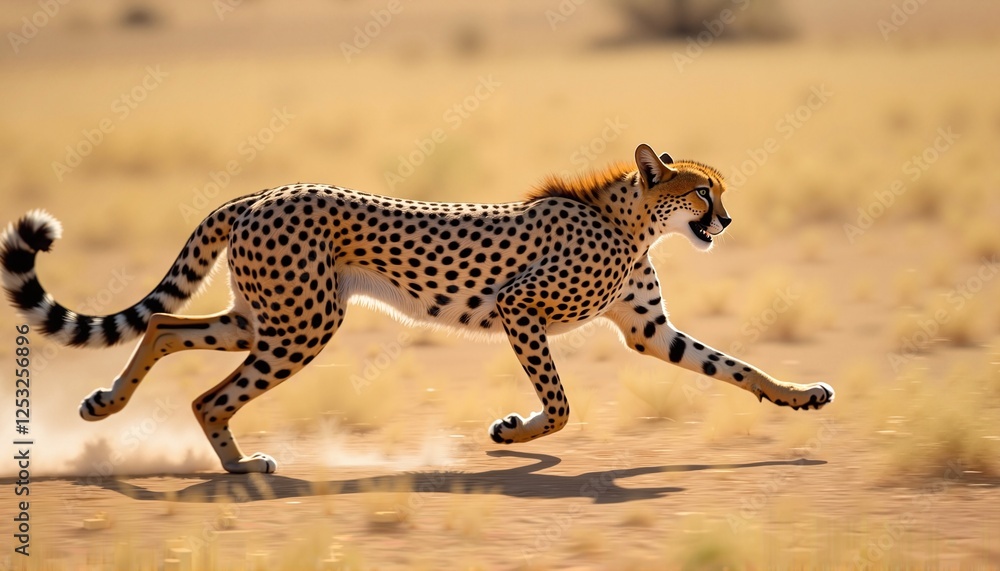 Obraz premium Powerful Cheetah Sprinting Dynamically Across Sandy Plain at Golden Sunset with Copy Space