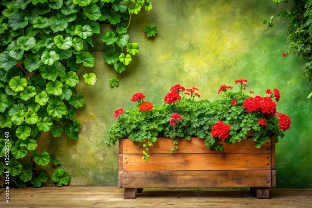 Naklejka premium Vibrant red geraniums in a rustic wooden planter, nestled against a lush green wall with climbing foliage, creating a tranquil garden scene.