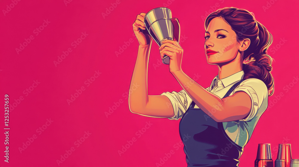 bartender shaking cocktail shaker with confidence and style, set against vibrant pink background. image captures essence of mixology and art of cocktail preparation bartender shaking cocktail shaker with confidence and style, set against vibrant pink background. image captures essence of mixology and art of cocktail preparation
