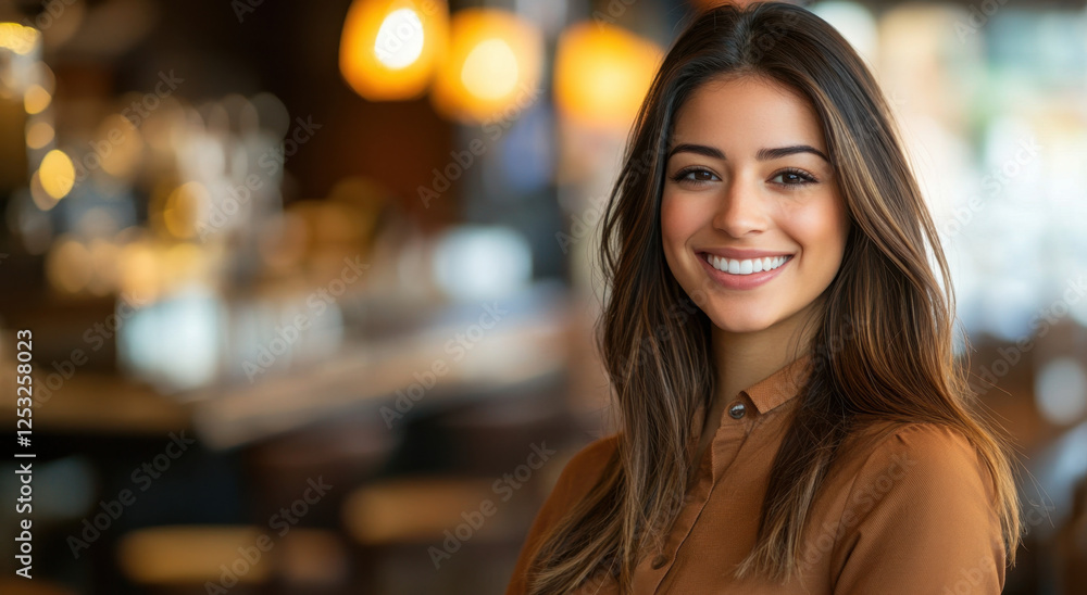 Obraz premium A cheerful woman with long hair stands in a cafe, smiling brightly while enjoying the relaxed atmosphere of the late afternoon