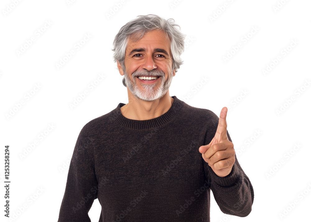 Happy handsome older grey-haired man with pointed finger isolated on white Happy handsome older grey-haired man with pointed finger isolated on white